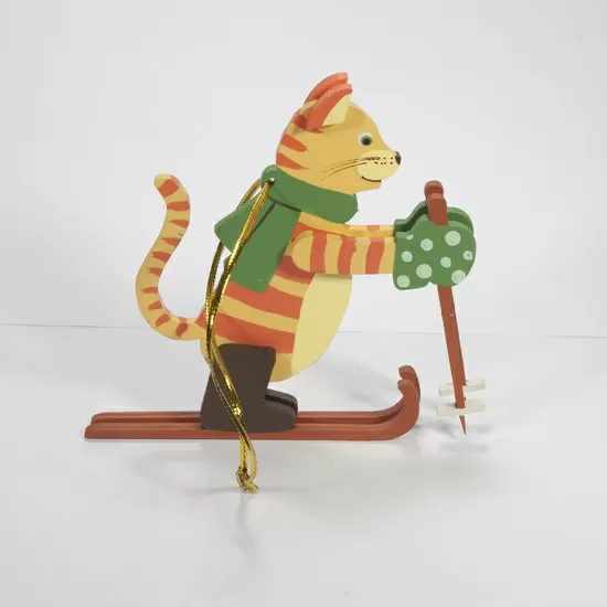 Елочная игрушка Кошка на лыжах (абрикосовый)