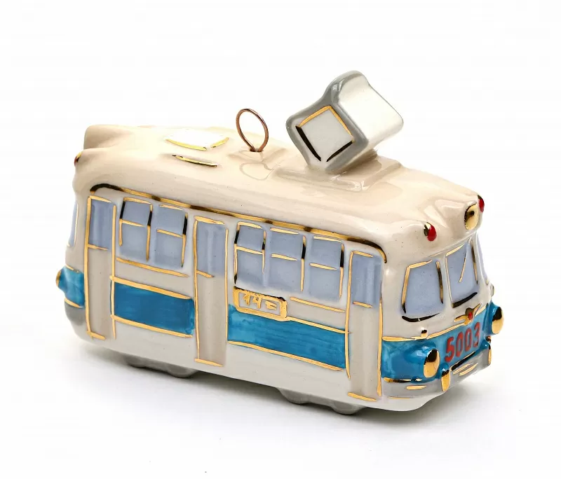 Елочная игрушка Трамвай (бело-голубой)