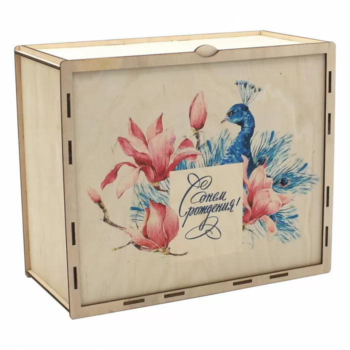 Коробка деревянная С днем рождения (павлин)