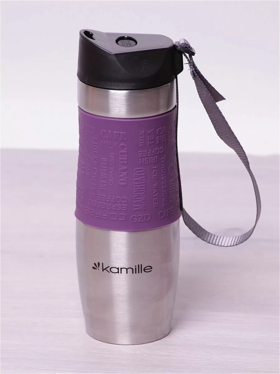 Термокружка Kamille с TPR-вставкой и ремешком (фиолетовая) 480 мл (2051)