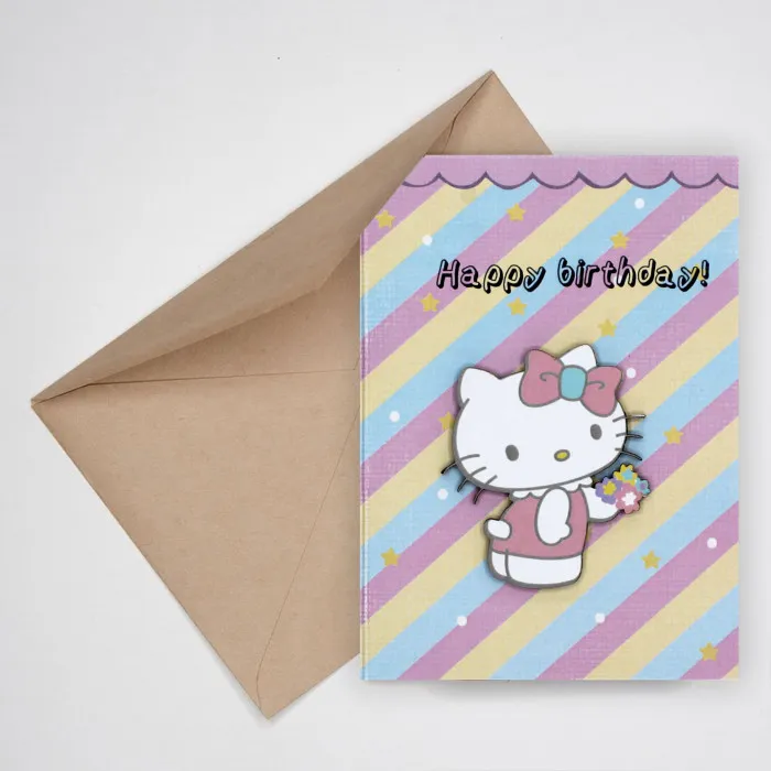 Открытка Happy Birthday (Hello Kitty с цветочками)