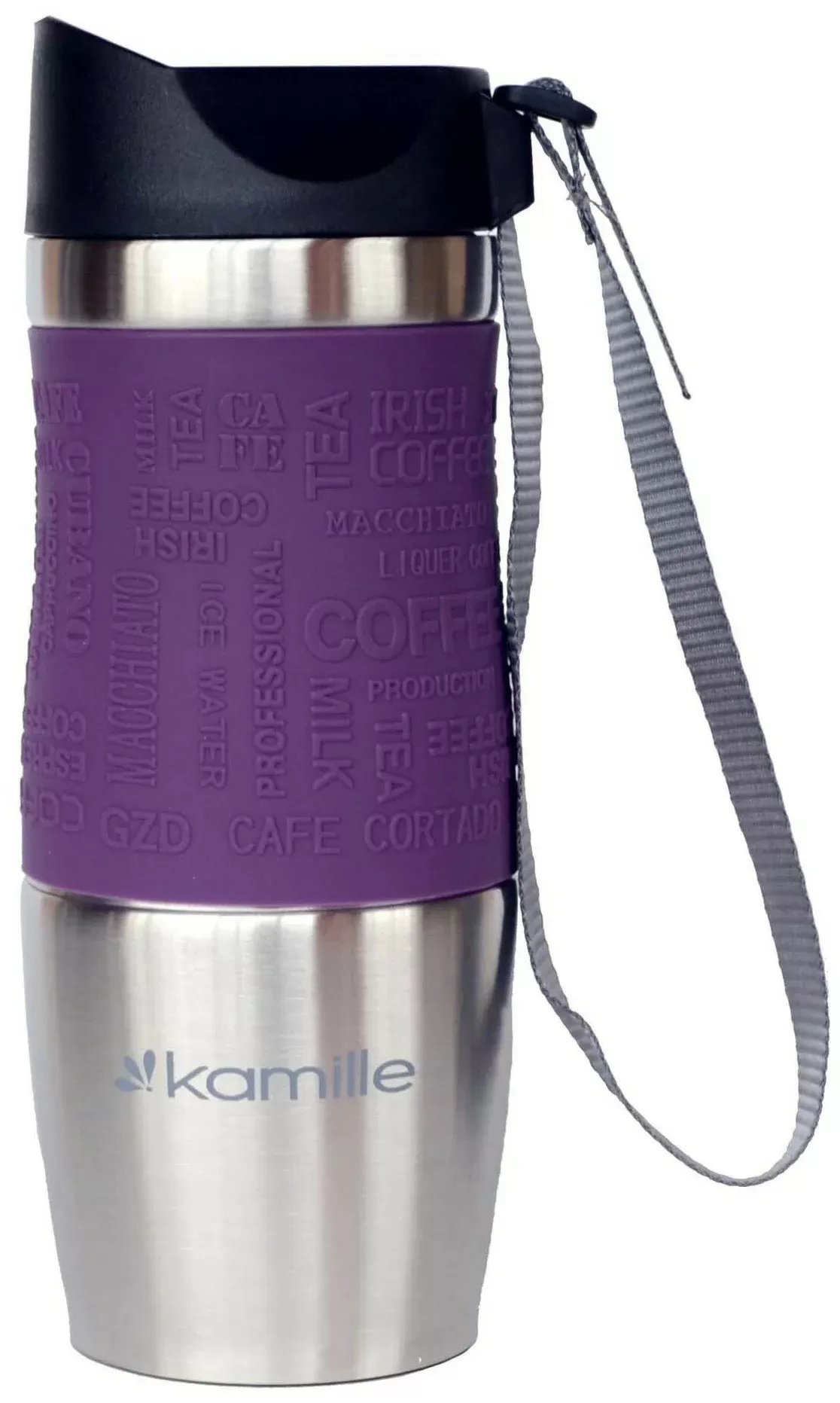 Термокружка Kamille с TPR-вставкой и ремешком (фиолетовая) 380 мл (2052)