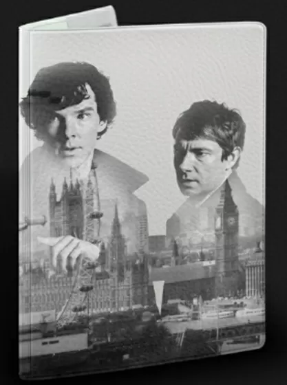 Обложка для паспорта Шерлок Холмс и Ватсон (белый, город)