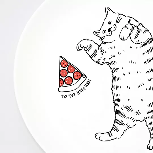 Тарелка Кот с пиццей. То тут ням-ням То там кусь-кусь