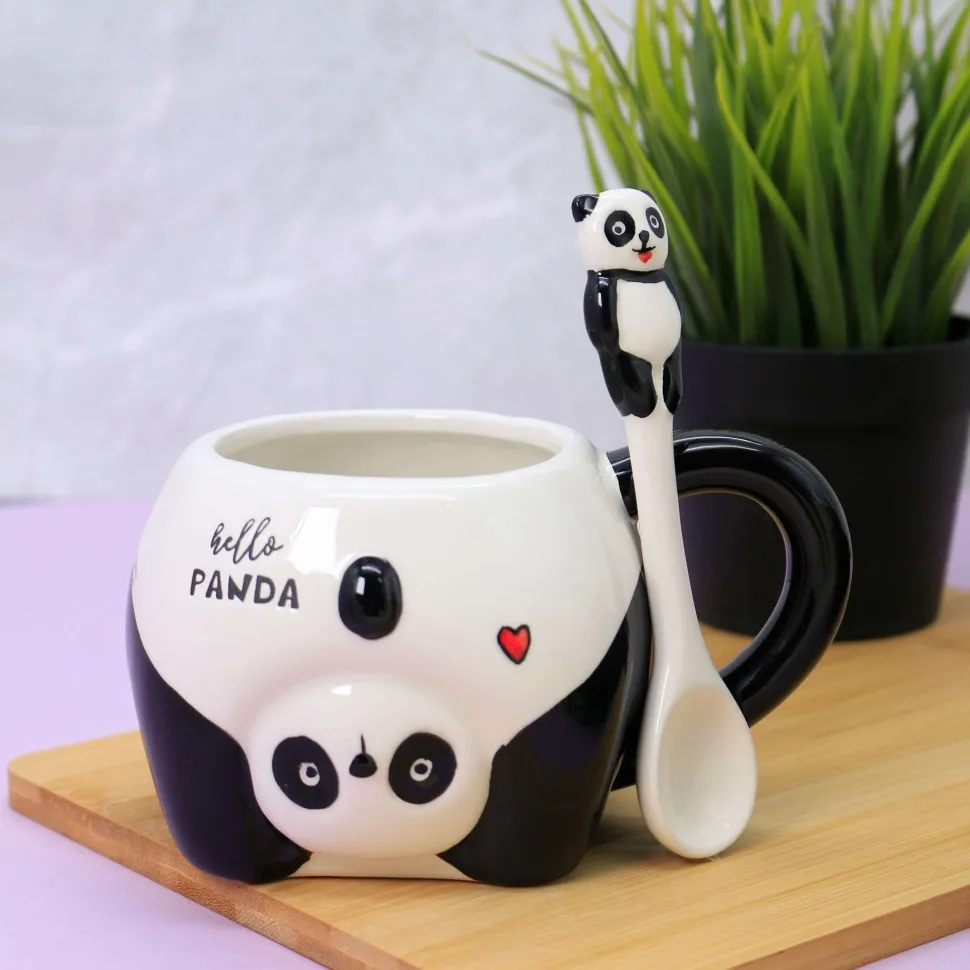 Кружка керамическая с ложкой Funny panda (black)