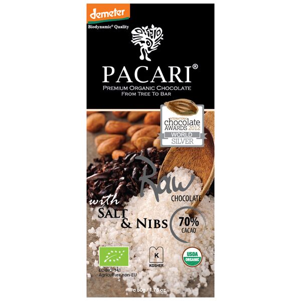 Органический живой шоколад Pacari с солью и какао-крупкой 70%, 50 гр