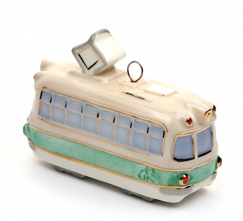 Елочная игрушка Трамвай (бело-зеленый)
